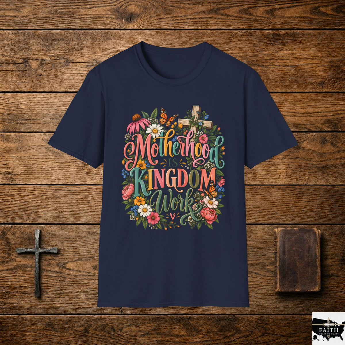 Motherhood Is Kingdom Work T-Shirt — Floral Butterfly Mom Tee