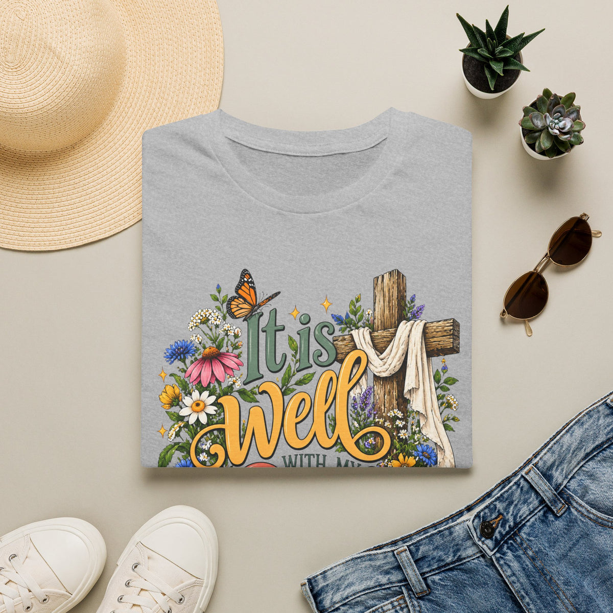 It Is Well Floral Cross T‑Shirt