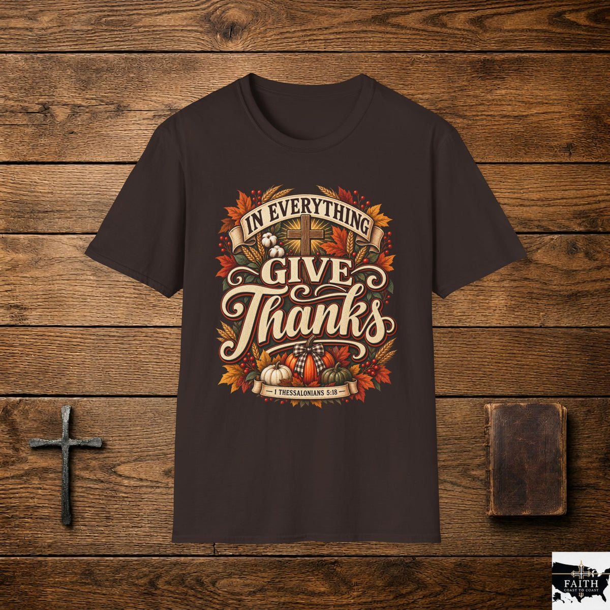 Give Thanks design T-Shirt | Fall Thanksgiving pumpkin cross harvest