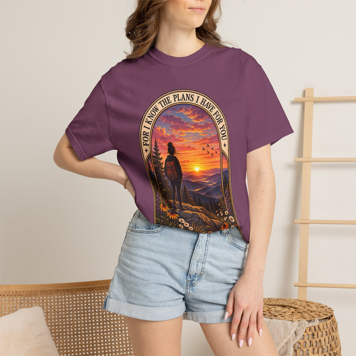 Sunset Hiker T‑Shirt — "For I Know the Plans I Have for You" Inspirational Graphic Tee