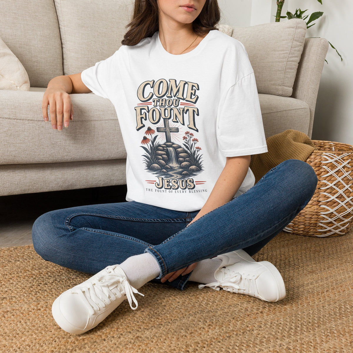 Come Thou Fount T-Shirt — Christian Worship Tee with Cross & Floral Design