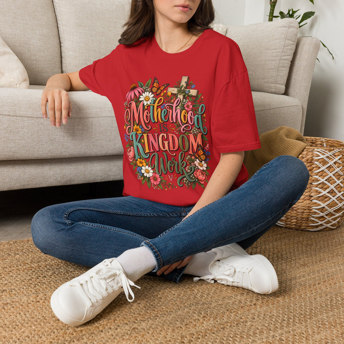 Motherhood Is Kingdom Work T-Shirt — Floral Butterfly Mom Tee