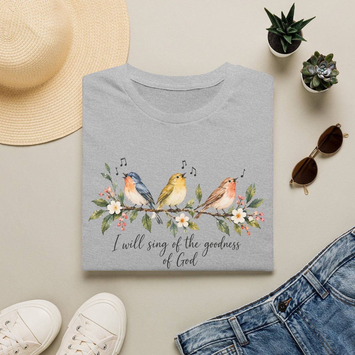 Christian Bird T-Shirt — "I Will Sing of the Goodness of God" Floral Faith Tee