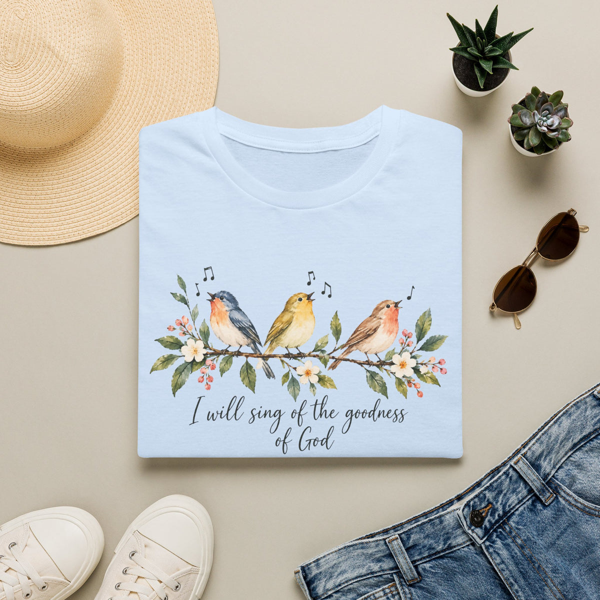 Christian Bird T-Shirt — "I Will Sing of the Goodness of God" Floral Faith Tee