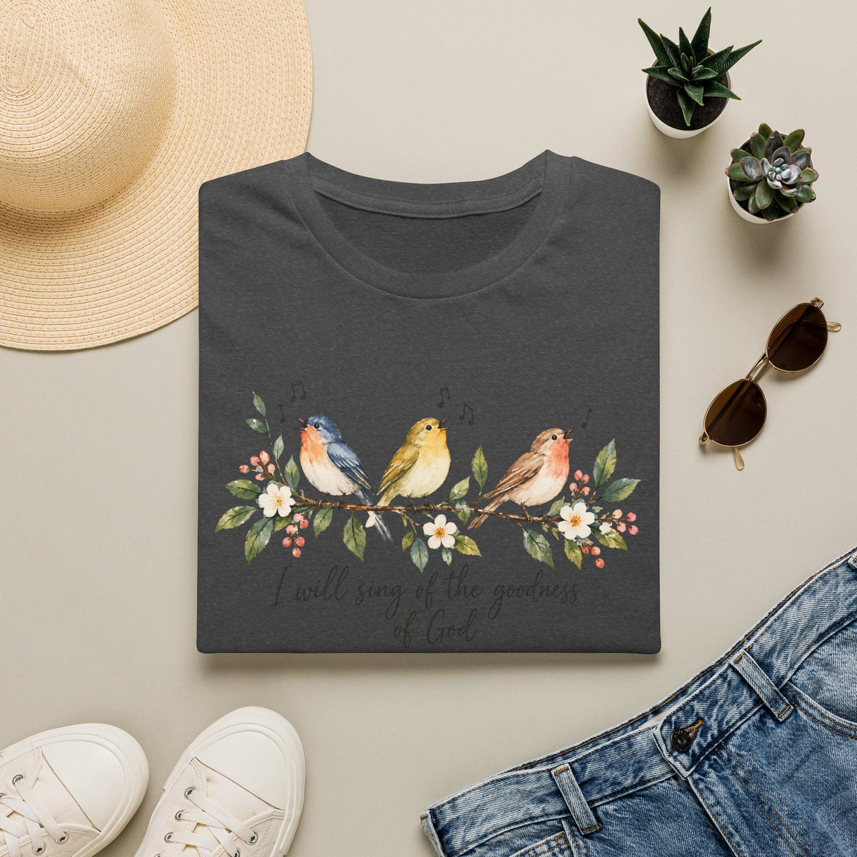 Christian Bird T-Shirt — "I Will Sing of the Goodness of God" Floral Faith Tee