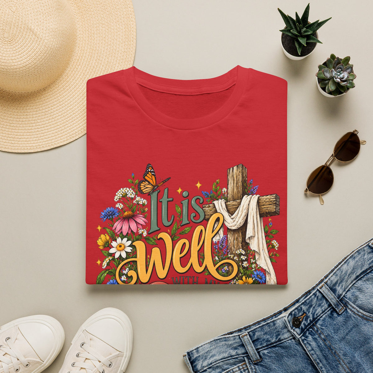 It Is Well Floral Cross T‑Shirt