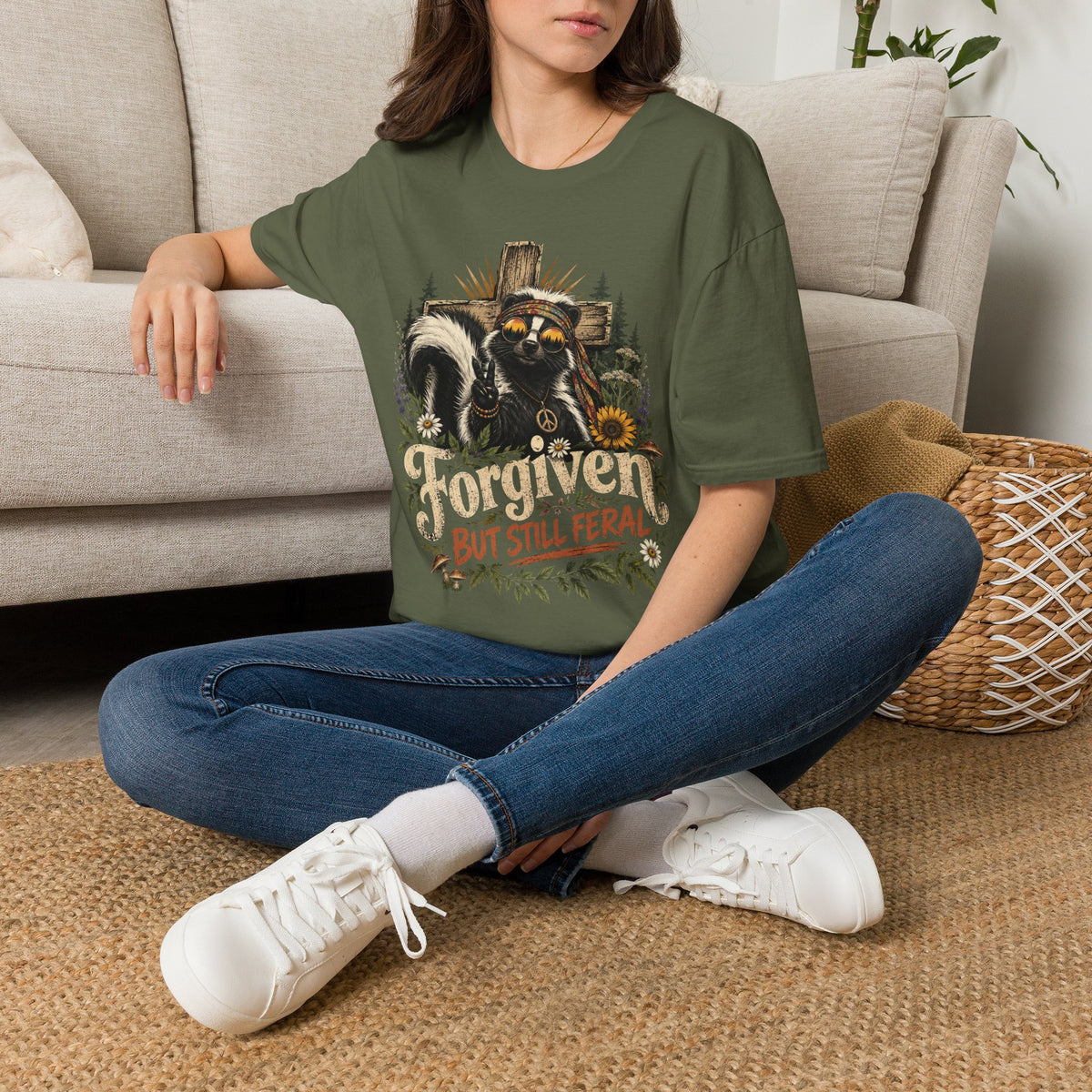 Forgiven But Still Feral Skunk T-Shirt — Retro Hippie Peace Graphic