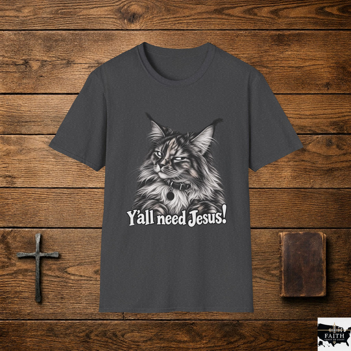 Maine Coon Cat Illustration Y'all Need Jesus T-Shirt | Cat Faith Tee