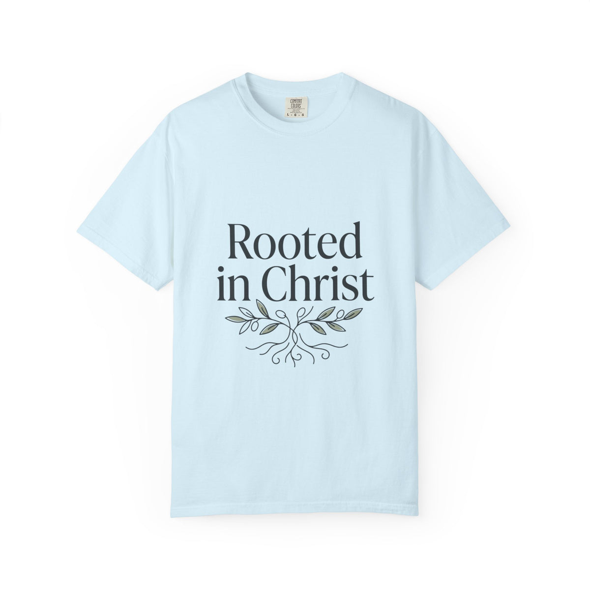 Rooted in Christ T-shirt | Christian Faith Typography with Leaf Roots