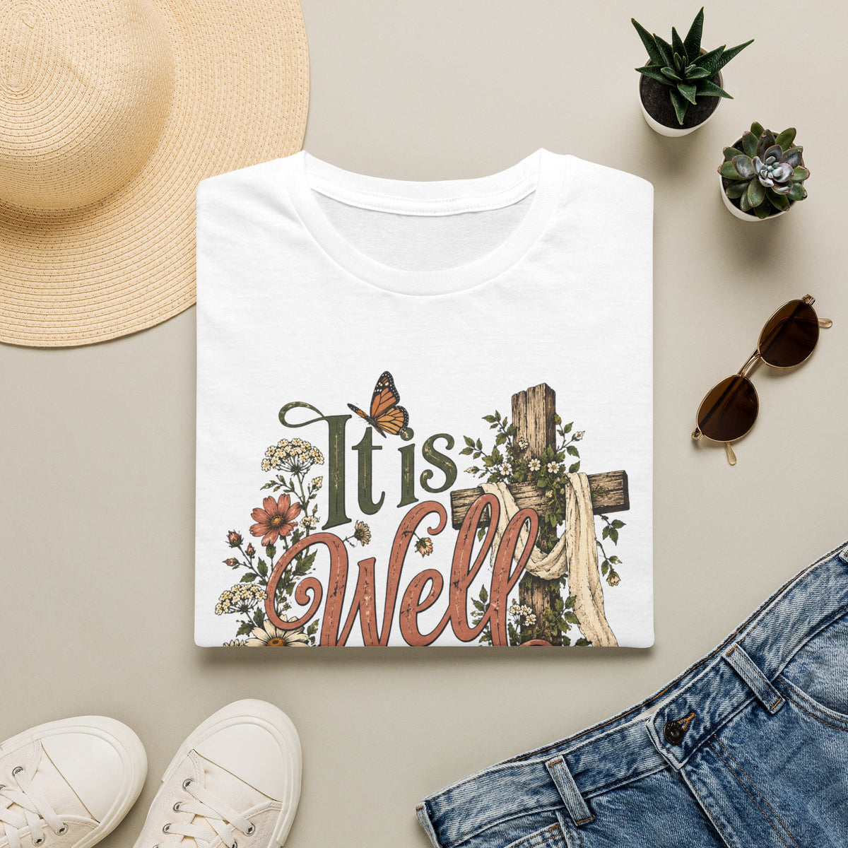 It Is Well T-Shirt — Floral Cross Christian Faith Tee