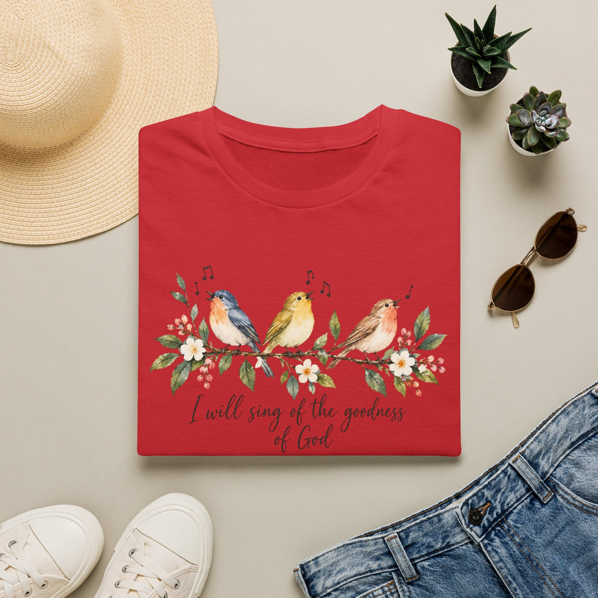 Christian Bird T-Shirt — "I Will Sing of the Goodness of God" Floral Faith Tee