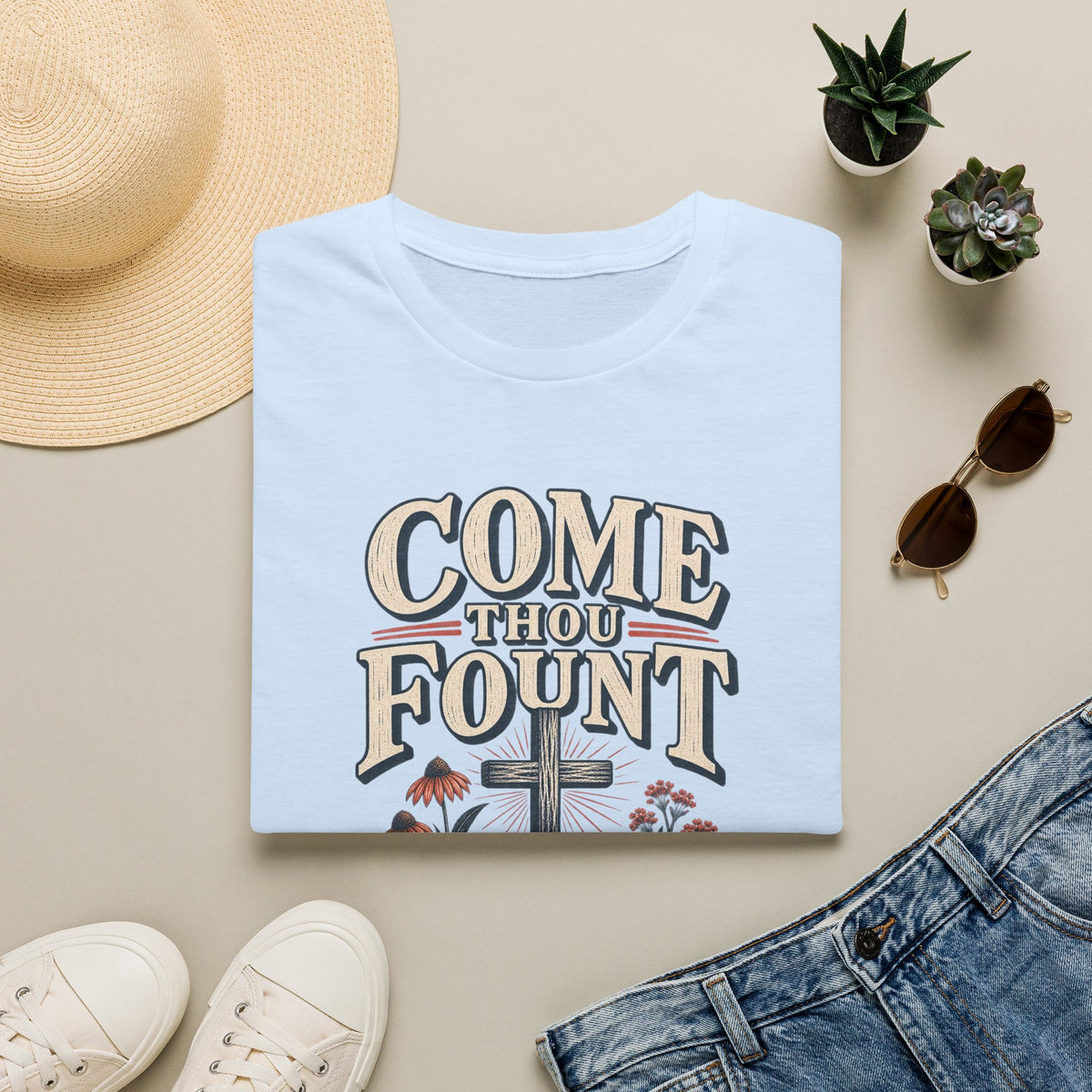 Come Thou Fount T-Shirt — Christian Worship Tee with Cross & Floral Design