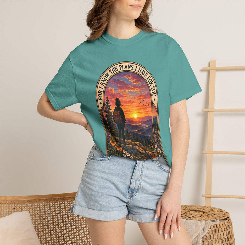 Sunset Hiker T‑Shirt — "For I Know the Plans I Have for You" Inspirational Graphic Tee
