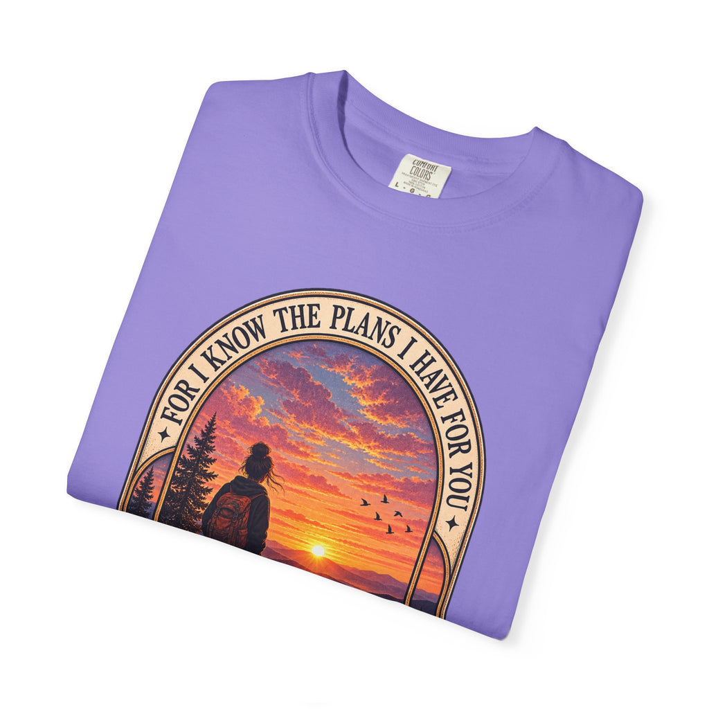 Sunset Hiker T‑Shirt — "For I Know the Plans I Have for You" Inspirational Graphic Tee