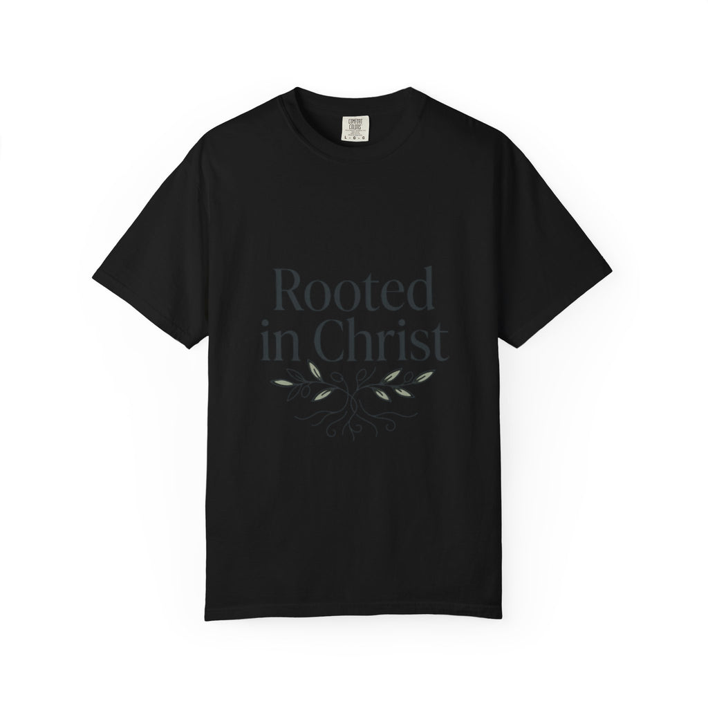 Rooted in Christ T-shirt | Christian Faith Typography with Leaf Roots