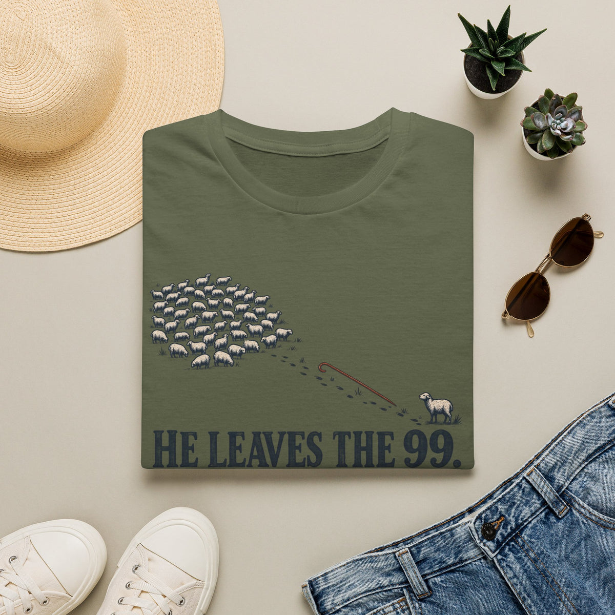 He Leaves the 99 T-Shirt — Christian Shepherd & Lost Sheep Faith Tee