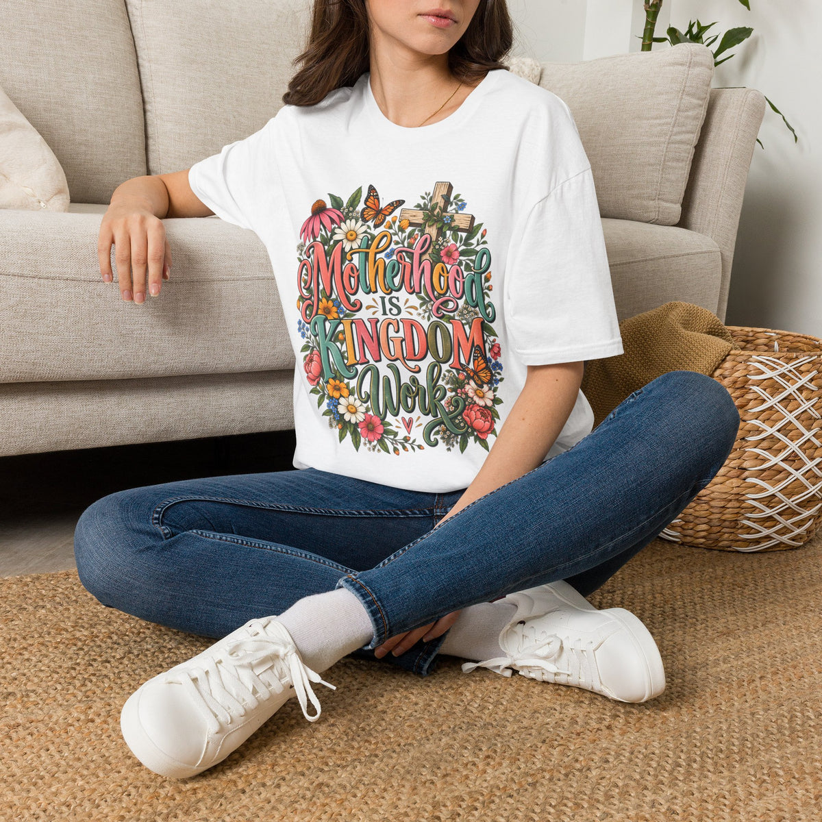 Motherhood Is Kingdom Work T-Shirt — Floral Butterfly Mom Tee