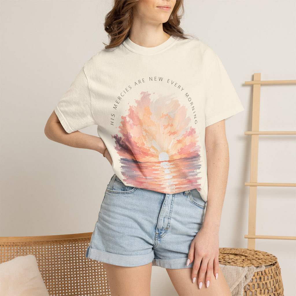 Sunset Reflection T-Shirt — "His Mercy Is New Every Morning" Christian Inspirational Tee