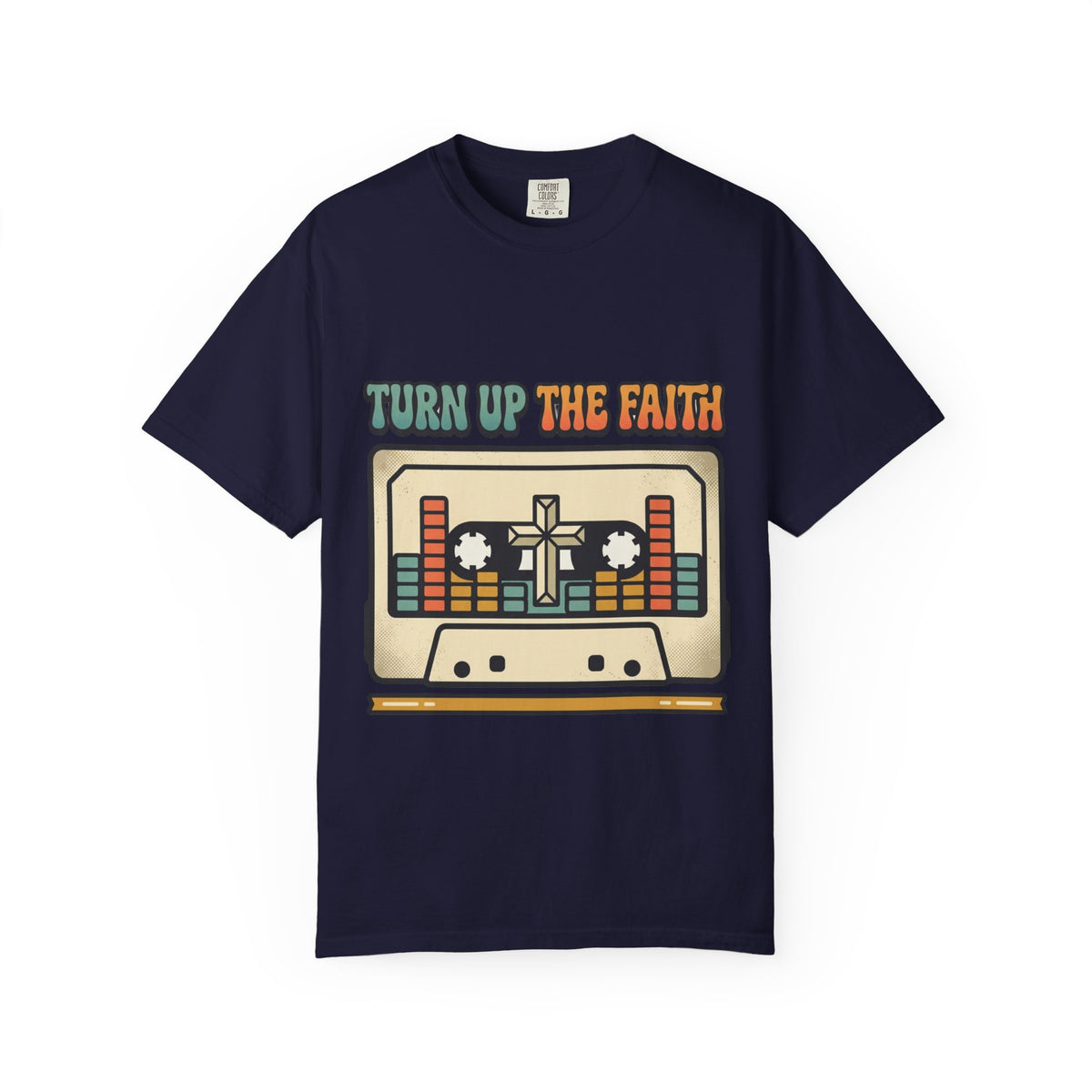 Turn Up The Faith cassette tape T-shirt | Christian retro music design