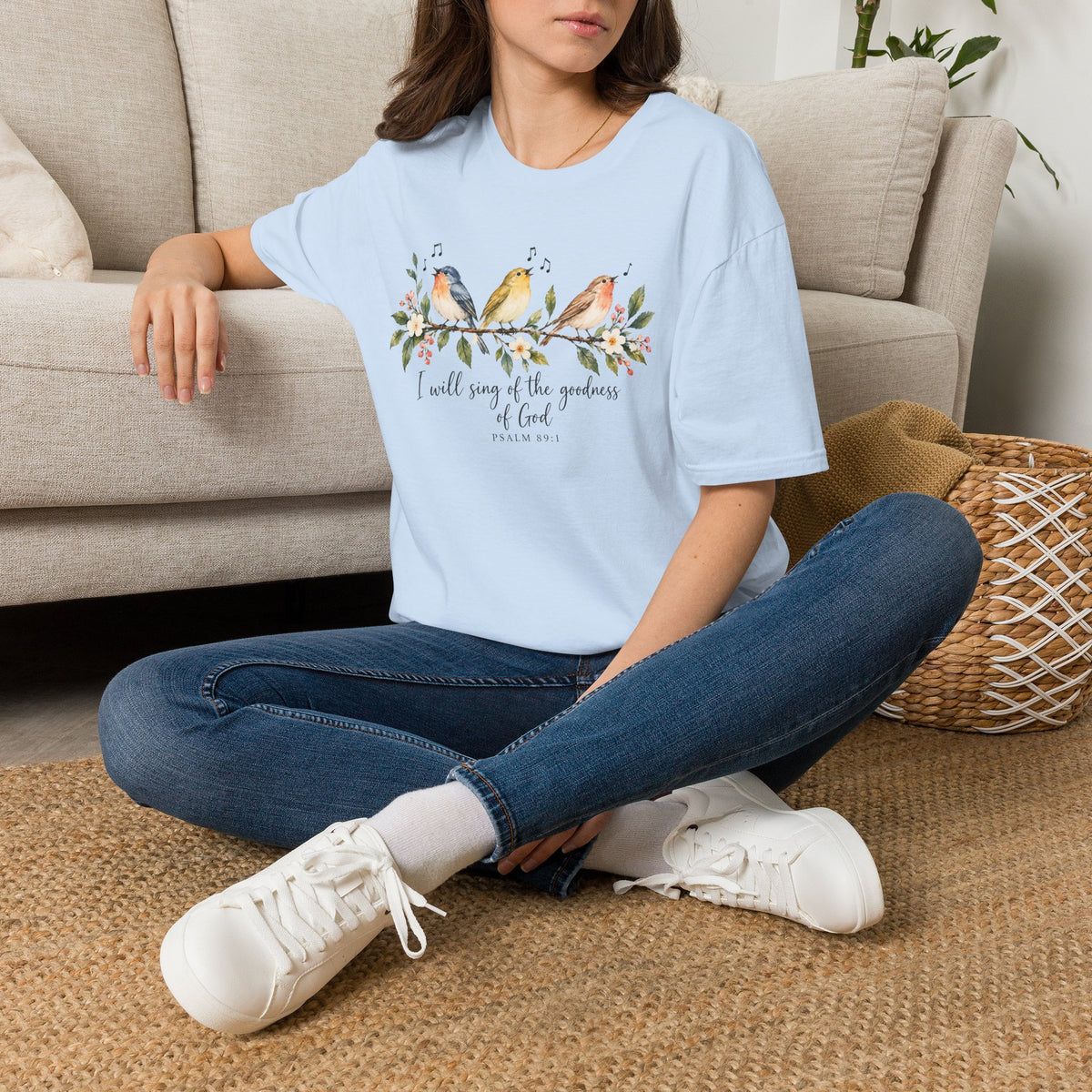 Christian Bird T-Shirt — "I Will Sing of the Goodness of God" Floral Faith Tee