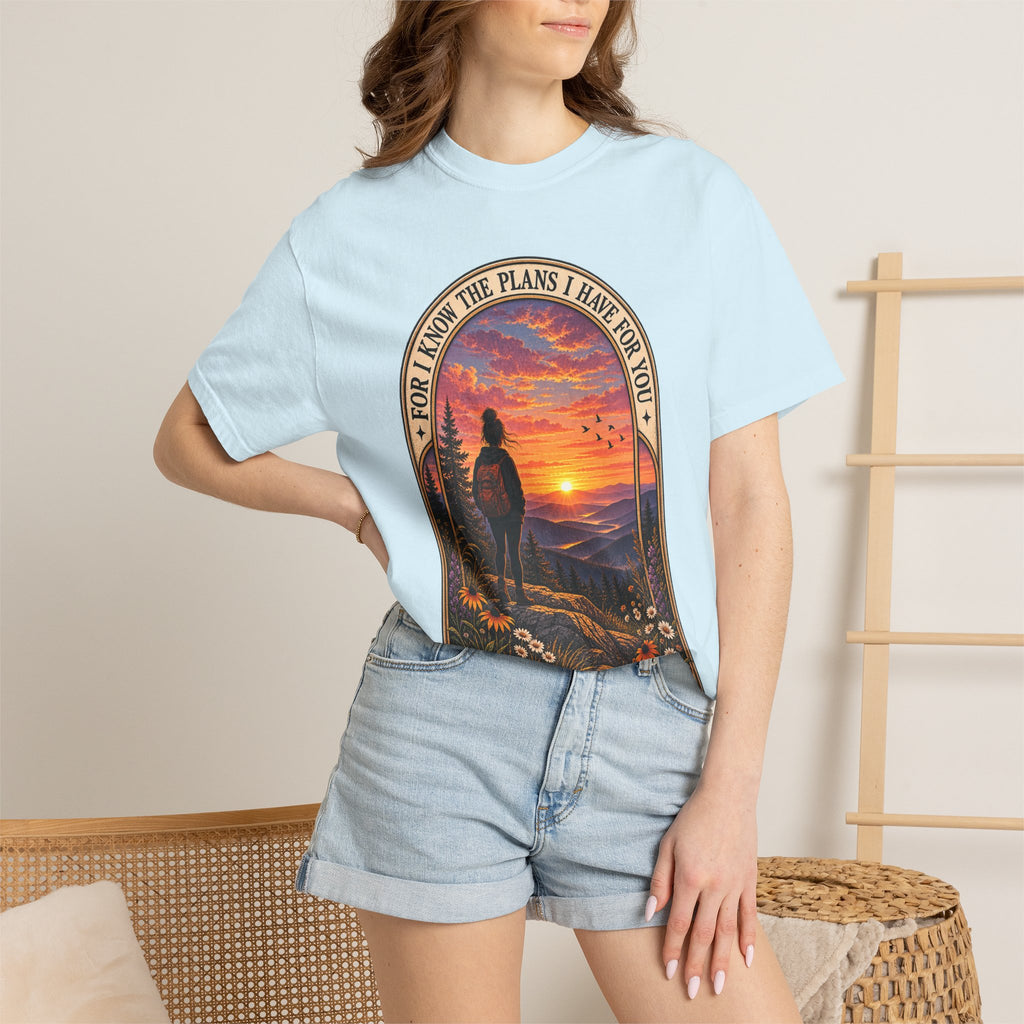 Sunset Hiker T‑Shirt — "For I Know the Plans I Have for You" Inspirational Graphic Tee