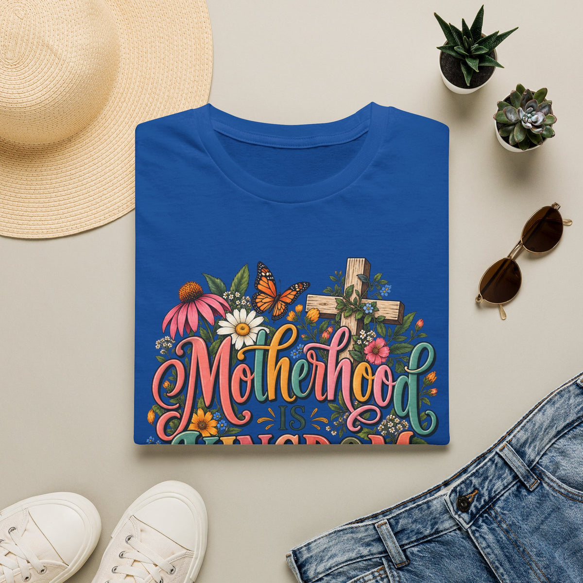 Motherhood Is Kingdom Work T-Shirt — Floral Butterfly Mom Tee