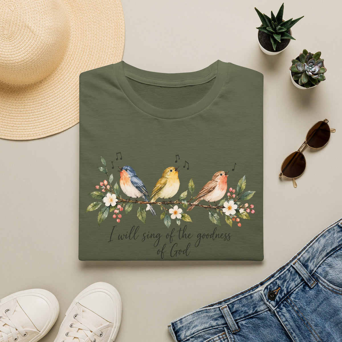 Christian Bird T-Shirt — "I Will Sing of the Goodness of God" Floral Faith Tee