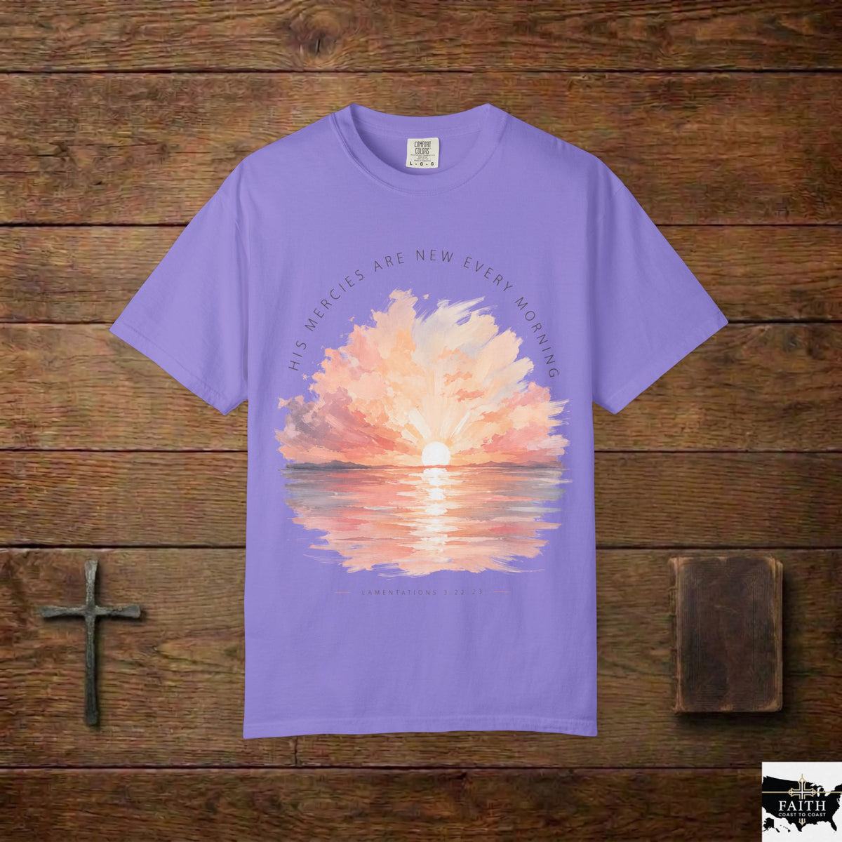 Sunset Reflection T-Shirt — "His Mercy Is New Every Morning" Christian Inspirational Tee
