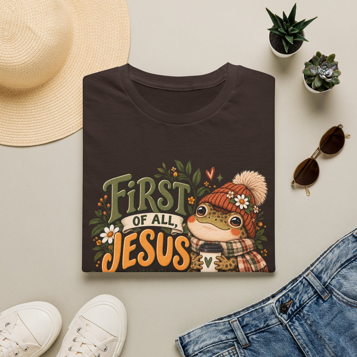 First of All Jesus Fall Frog T-Shirt — Cute Autumn Christian Tee