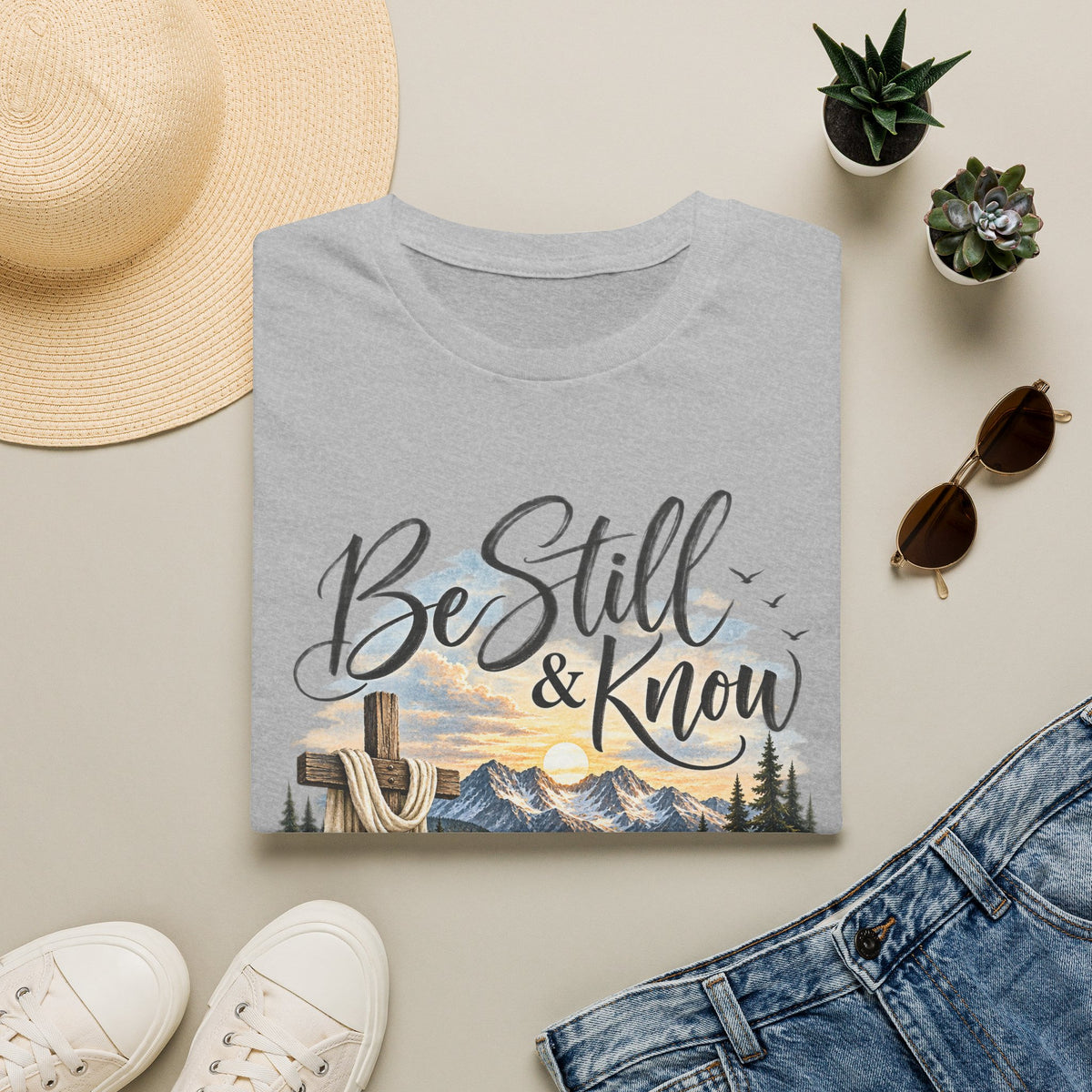 Be Still & Know T-Shirt — Christian Faith Scenic Cross Tee