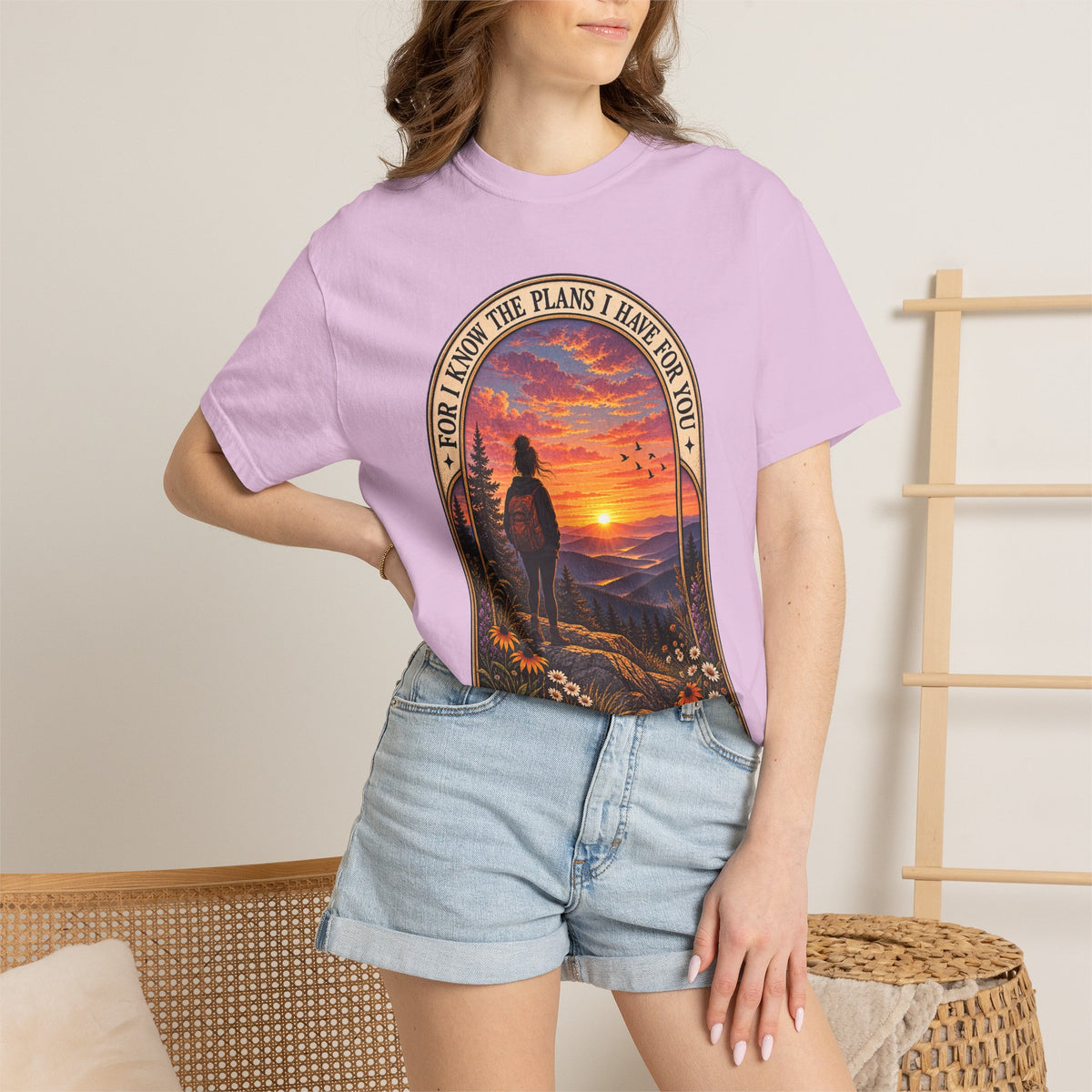 Sunset Hiker T‑Shirt — "For I Know the Plans I Have for You" Inspirational Graphic Tee