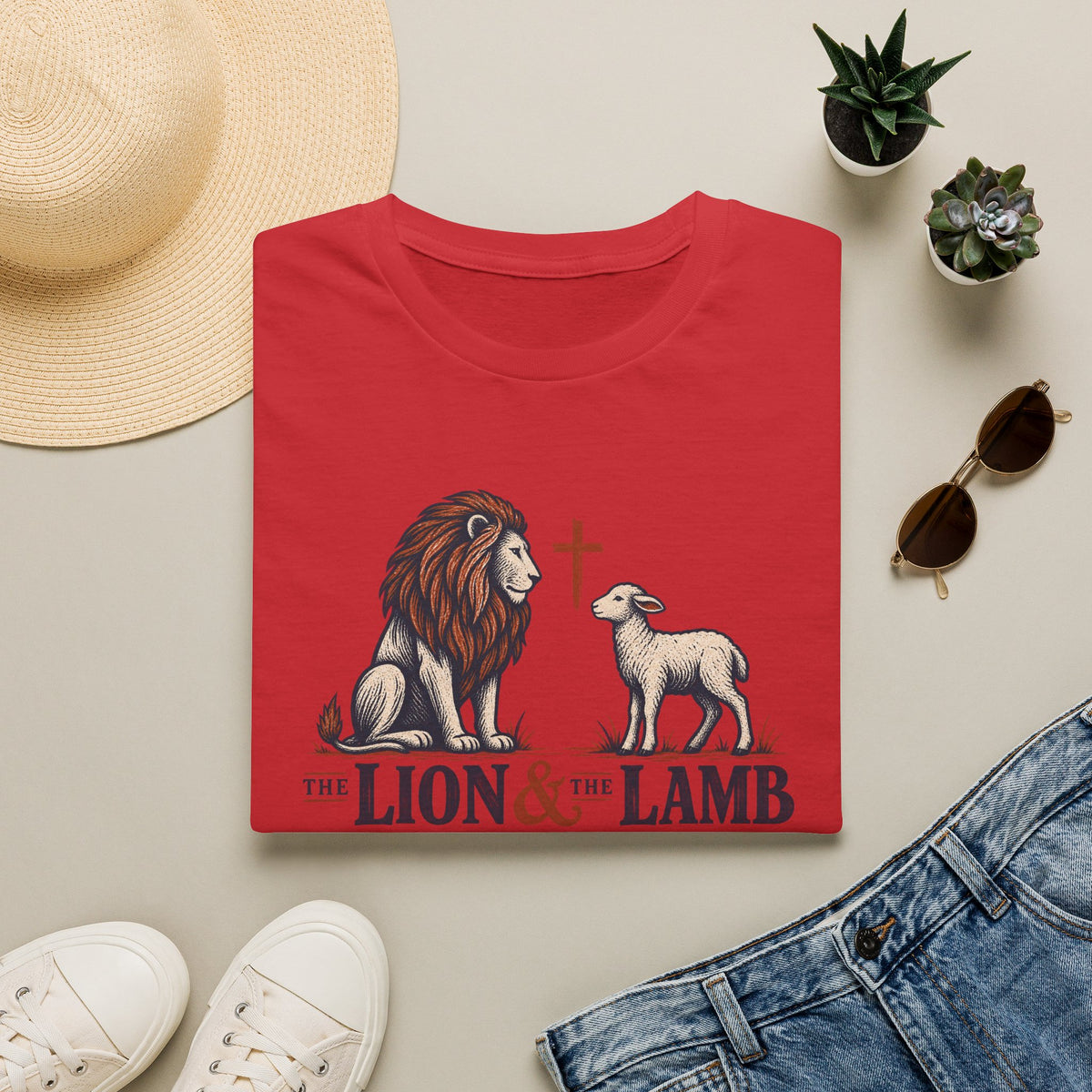 Lion & Lamb Christian T-Shirt — Faith Cross Graphic Tee