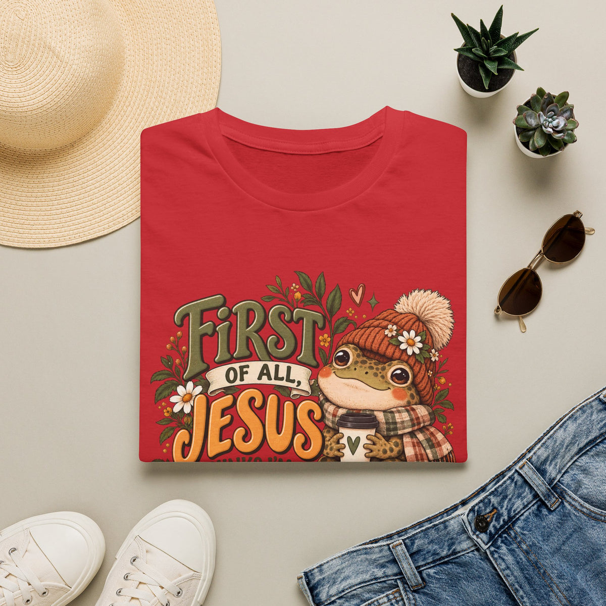 First of All Jesus Fall Frog T-Shirt — Cute Autumn Christian Tee