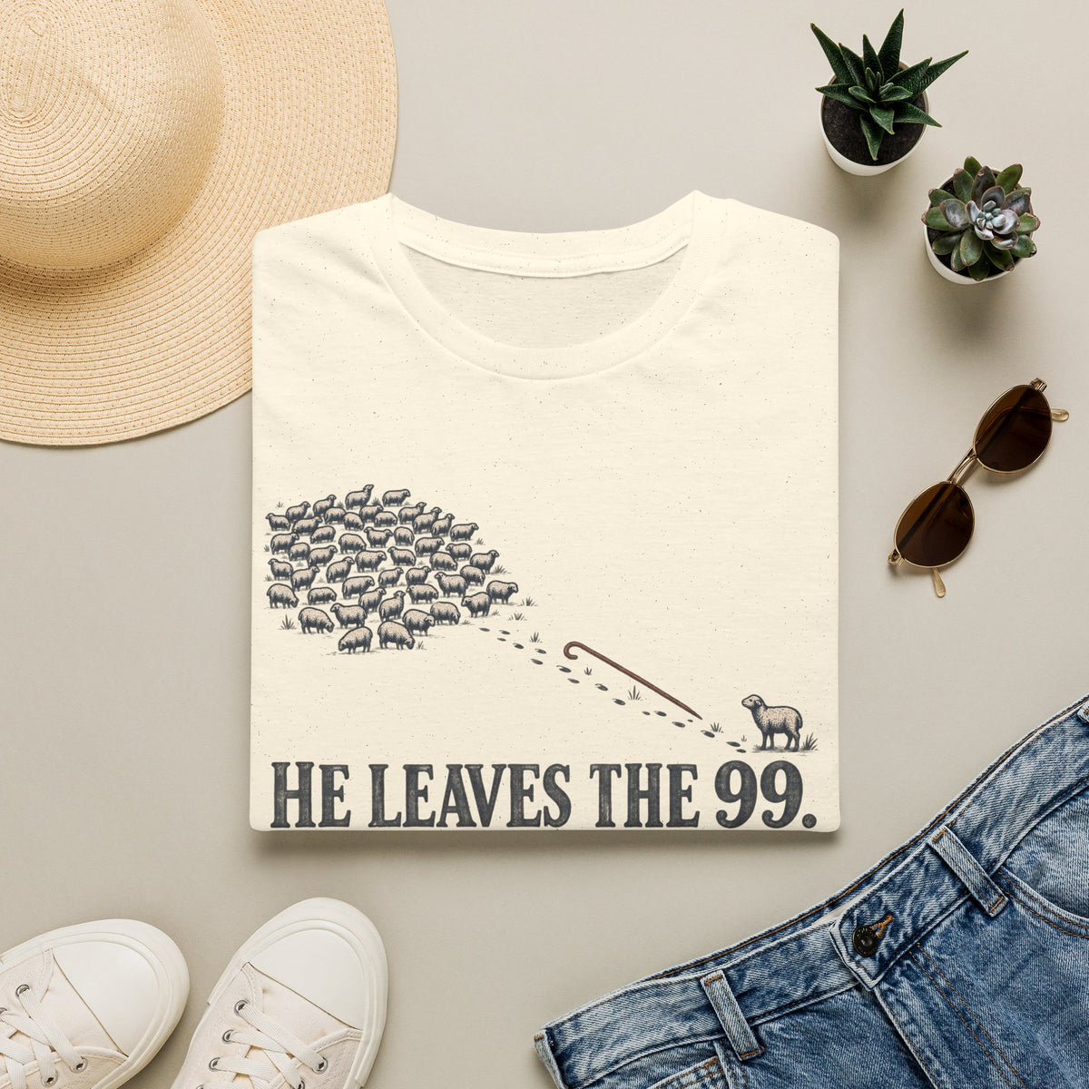 He Leaves the 99 T-Shirt — Christian Shepherd & Lost Sheep Faith Tee