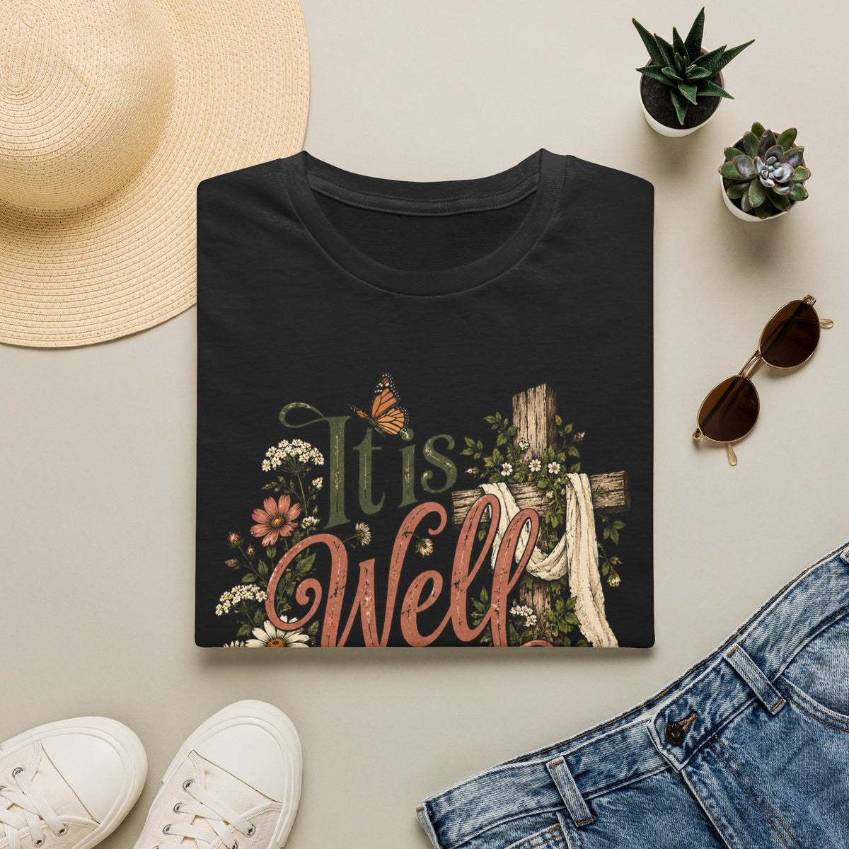 It Is Well T-Shirt — Floral Cross Christian Faith Tee
