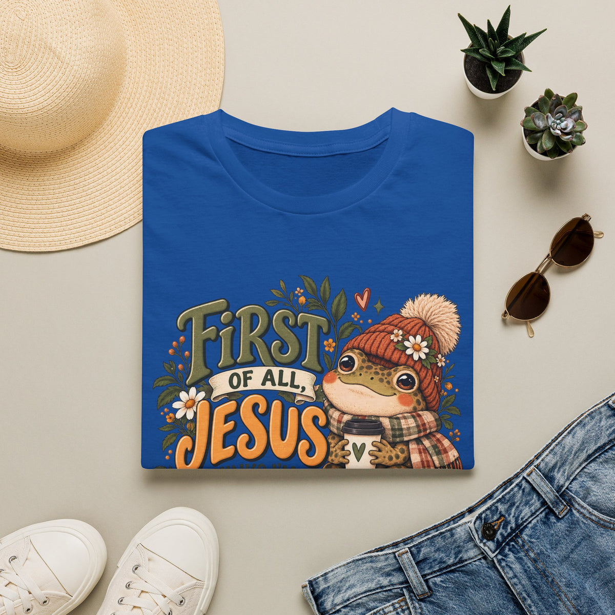 First of All Jesus Fall Frog T-Shirt — Cute Autumn Christian Tee