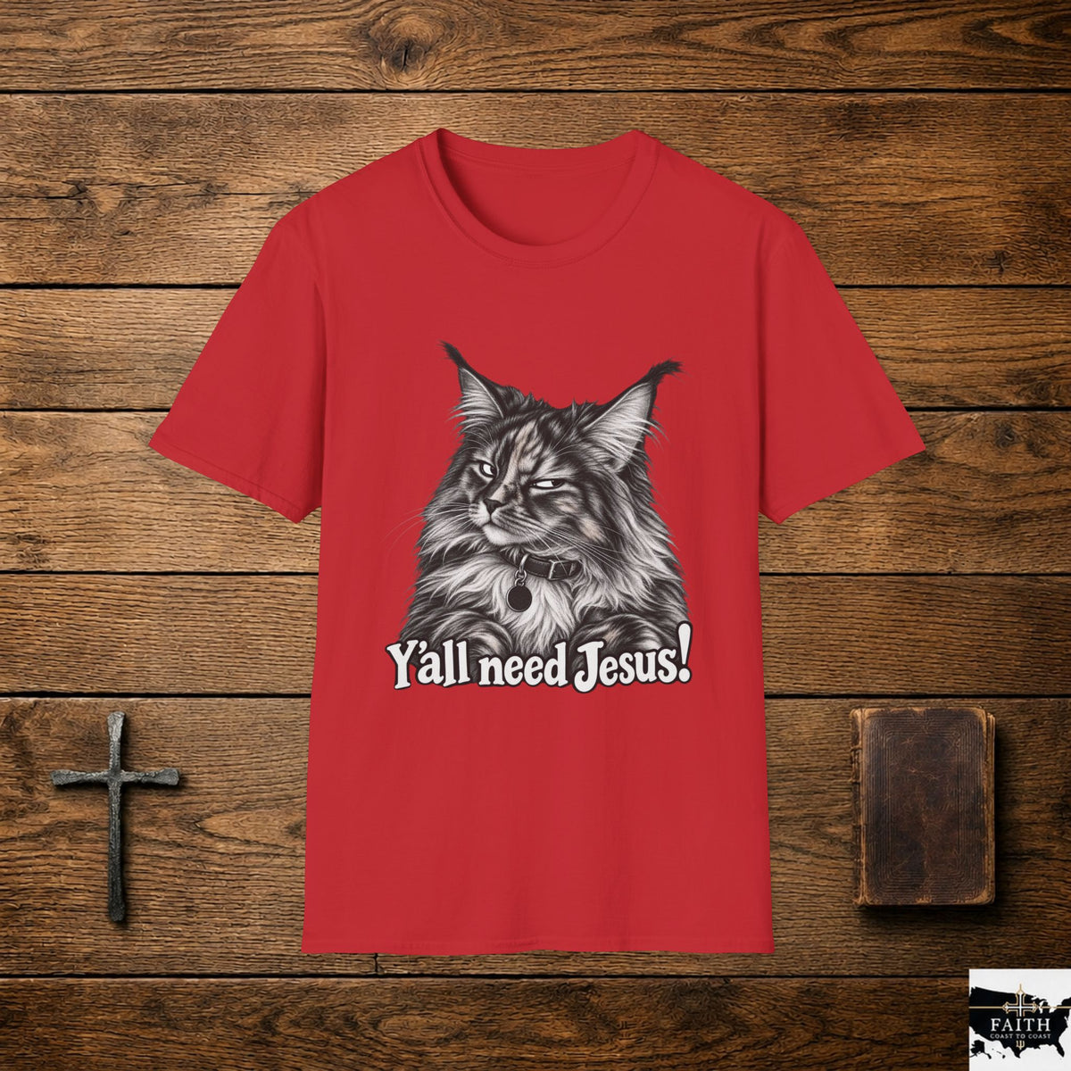 Maine Coon Cat Illustration Y'all Need Jesus T-Shirt | Cat Faith Tee
