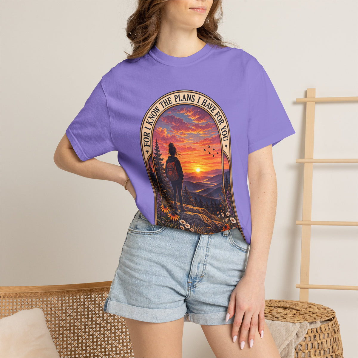 Sunset Hiker T‑Shirt — "For I Know the Plans I Have for You" Inspirational Graphic Tee