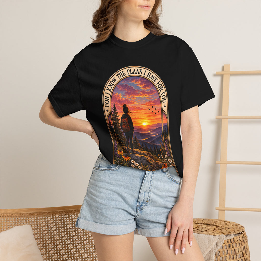 Sunset Hiker T‑Shirt — "For I Know the Plans I Have for You" Inspirational Graphic Tee
