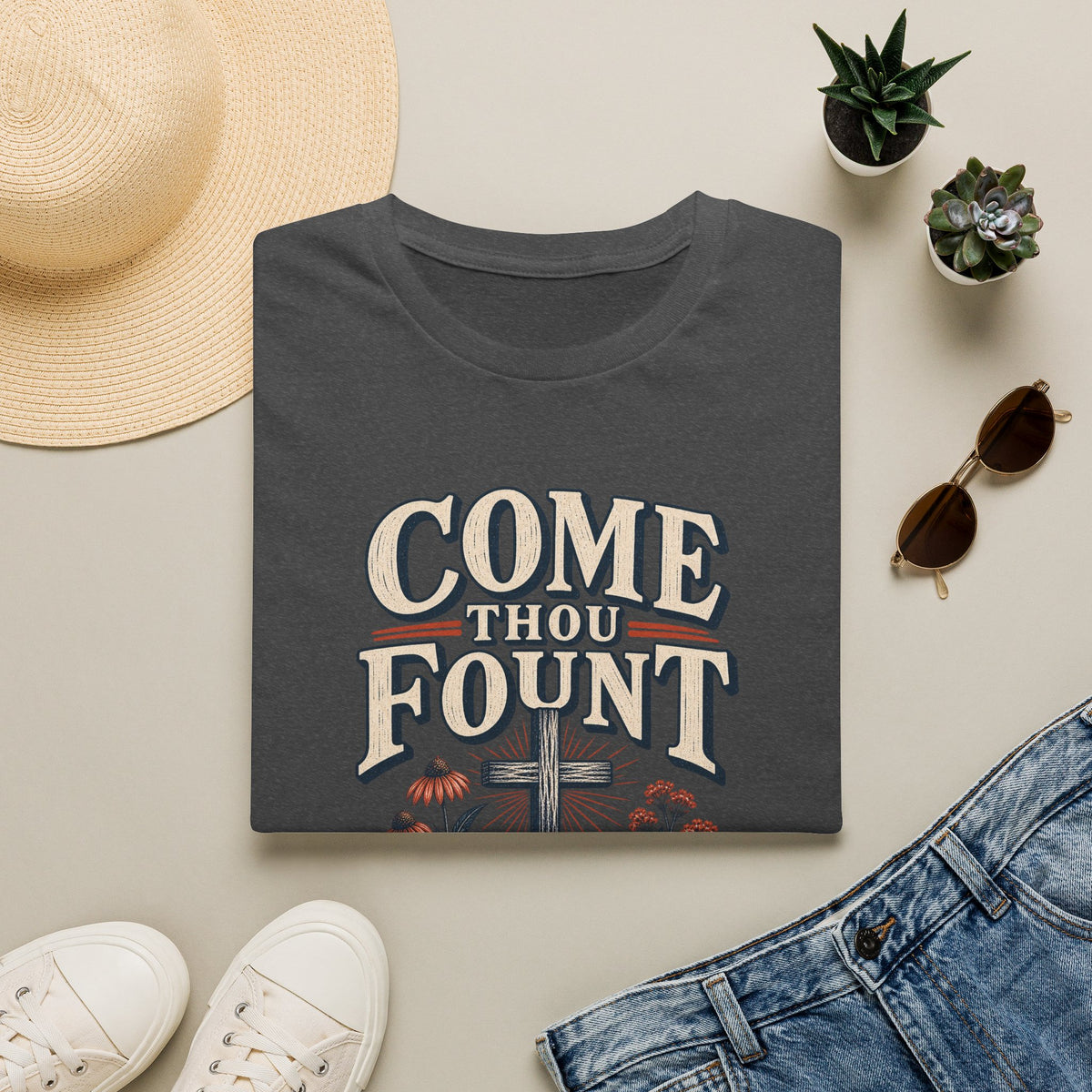 Come Thou Fount T-Shirt — Christian Worship Tee with Cross & Floral Design