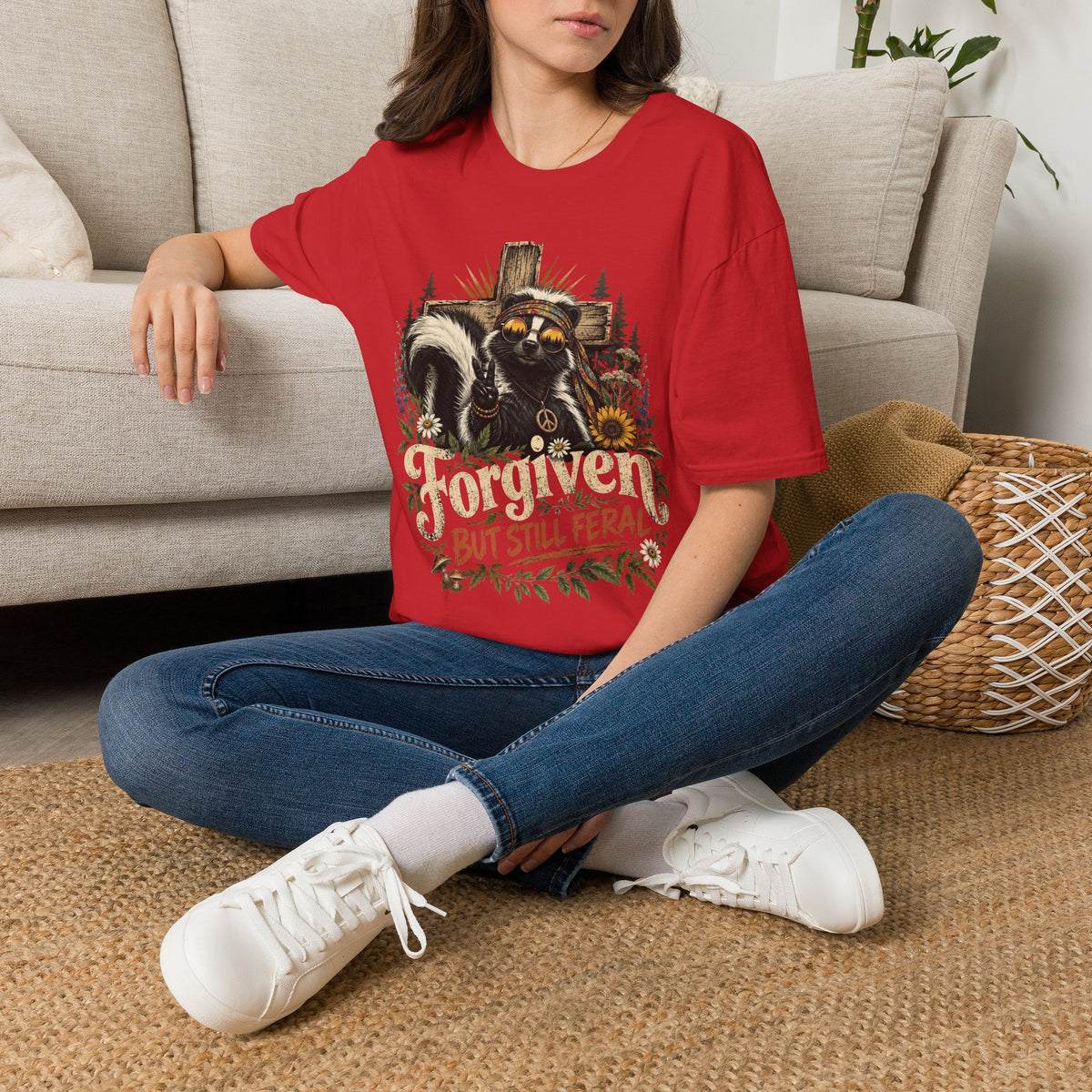 Forgiven But Still Feral Skunk T-Shirt — Retro Hippie Peace Graphic