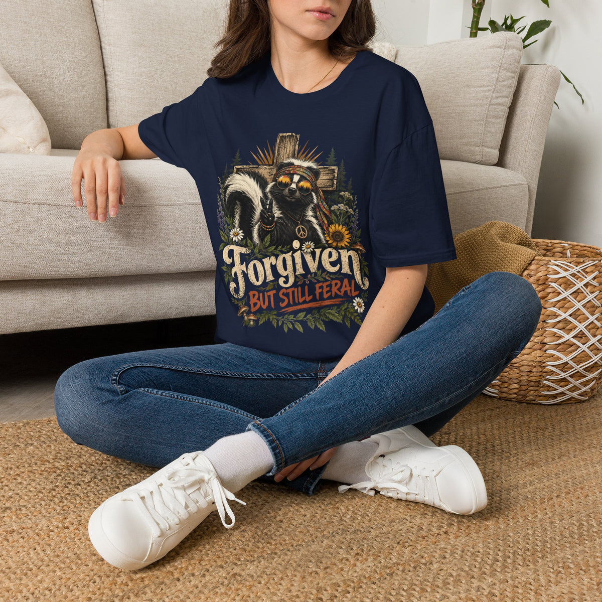 Forgiven But Still Feral Skunk T-Shirt — Retro Hippie Peace Graphic