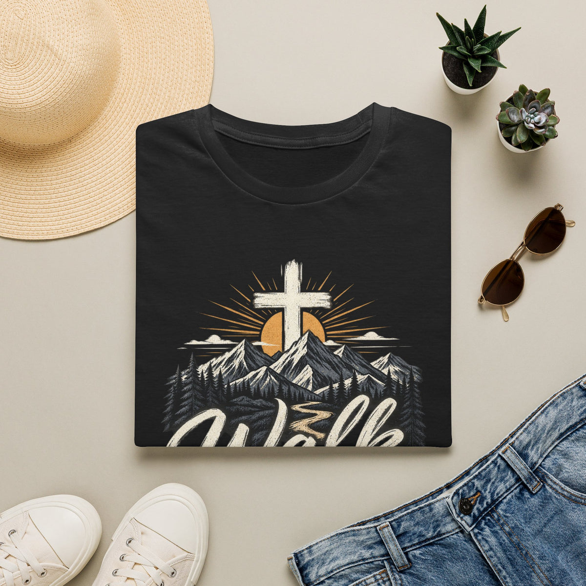Faith T-Shirt — "Walk by Faith" Christian Cross Mountain Graphic Tee