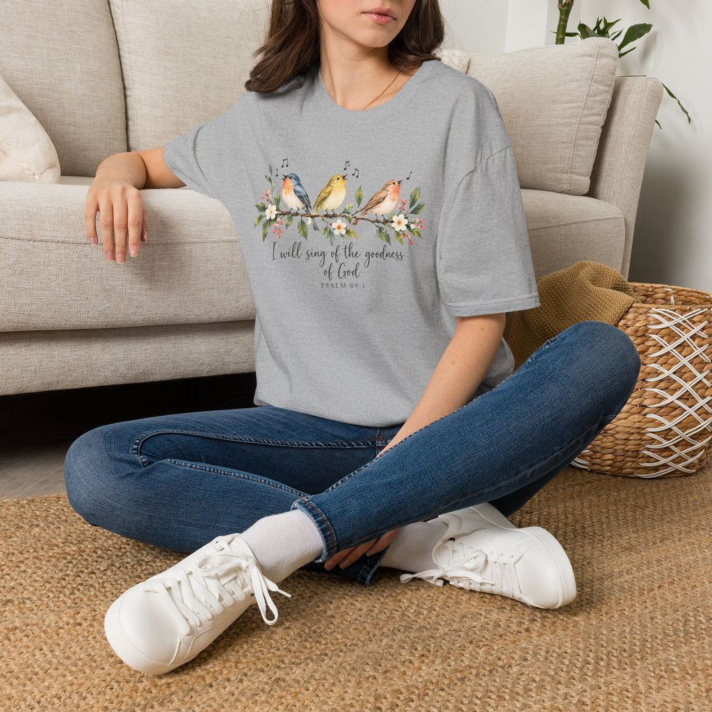 Christian Bird T-Shirt — "I Will Sing of the Goodness of God" Floral Faith Tee