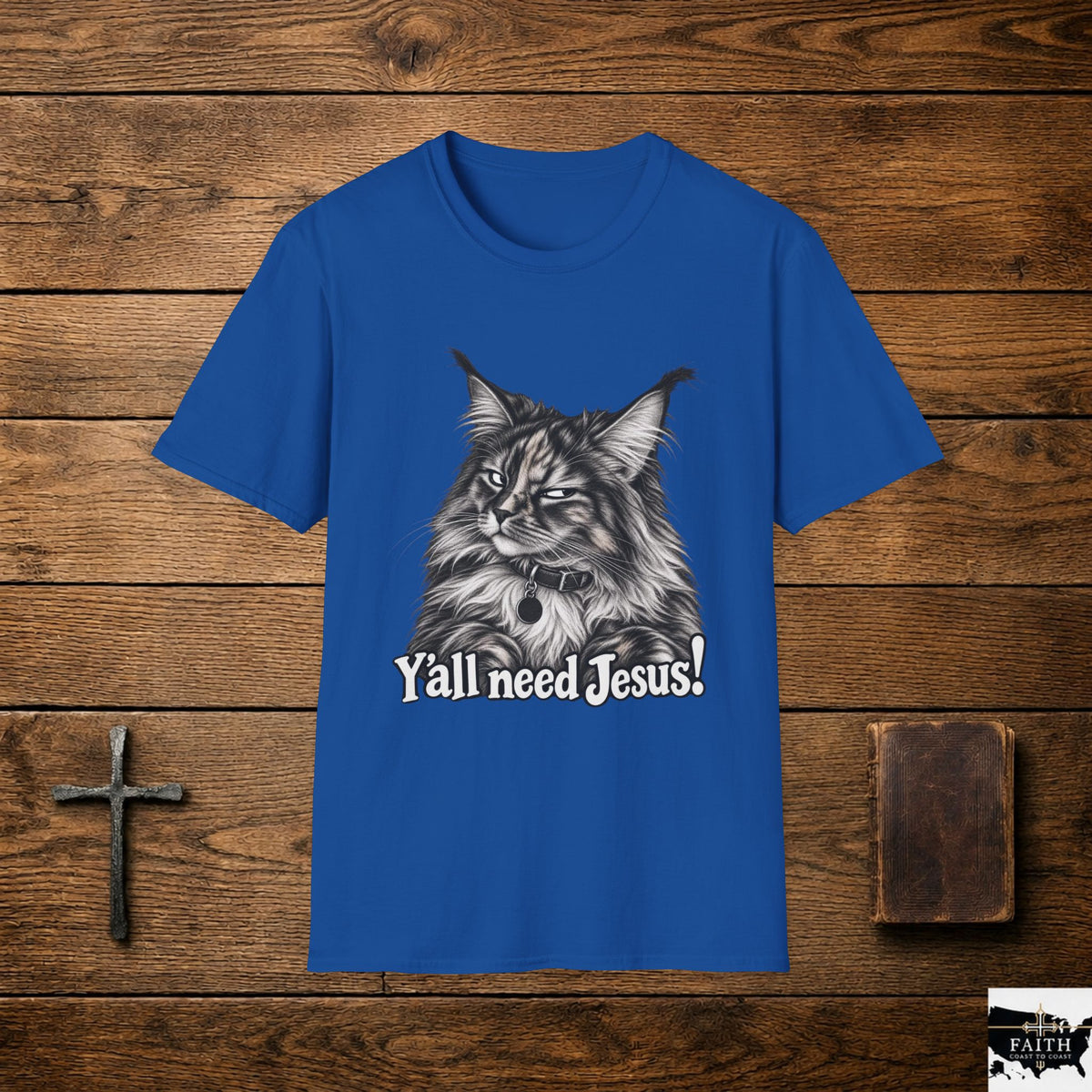 Maine Coon Cat Illustration Y'all Need Jesus T-Shirt | Cat Faith Tee