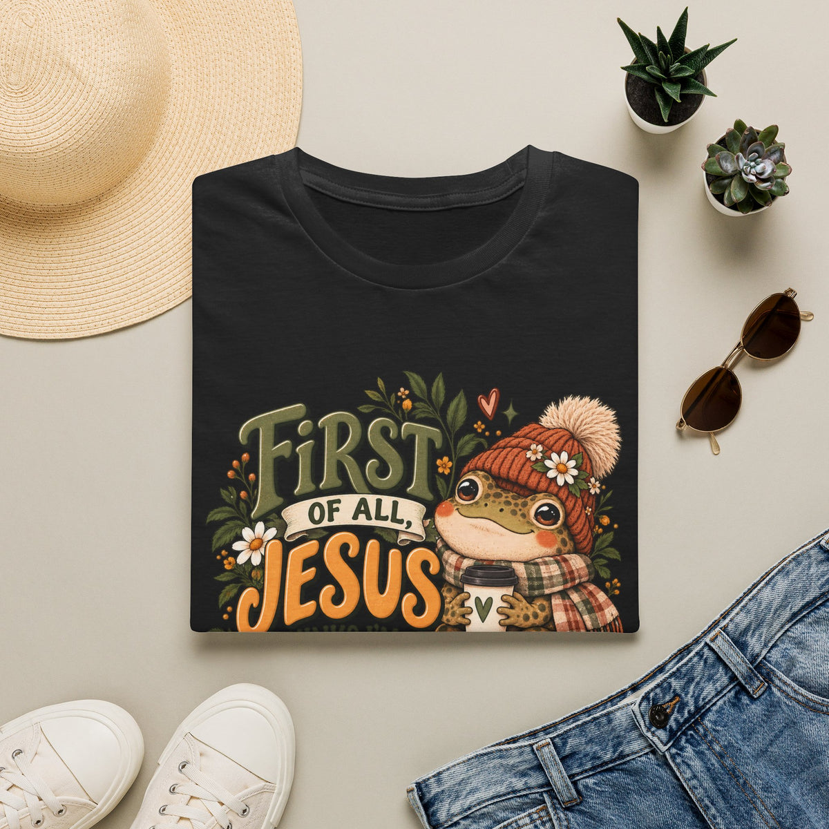 First of All Jesus Fall Frog T-Shirt — Cute Autumn Christian Tee