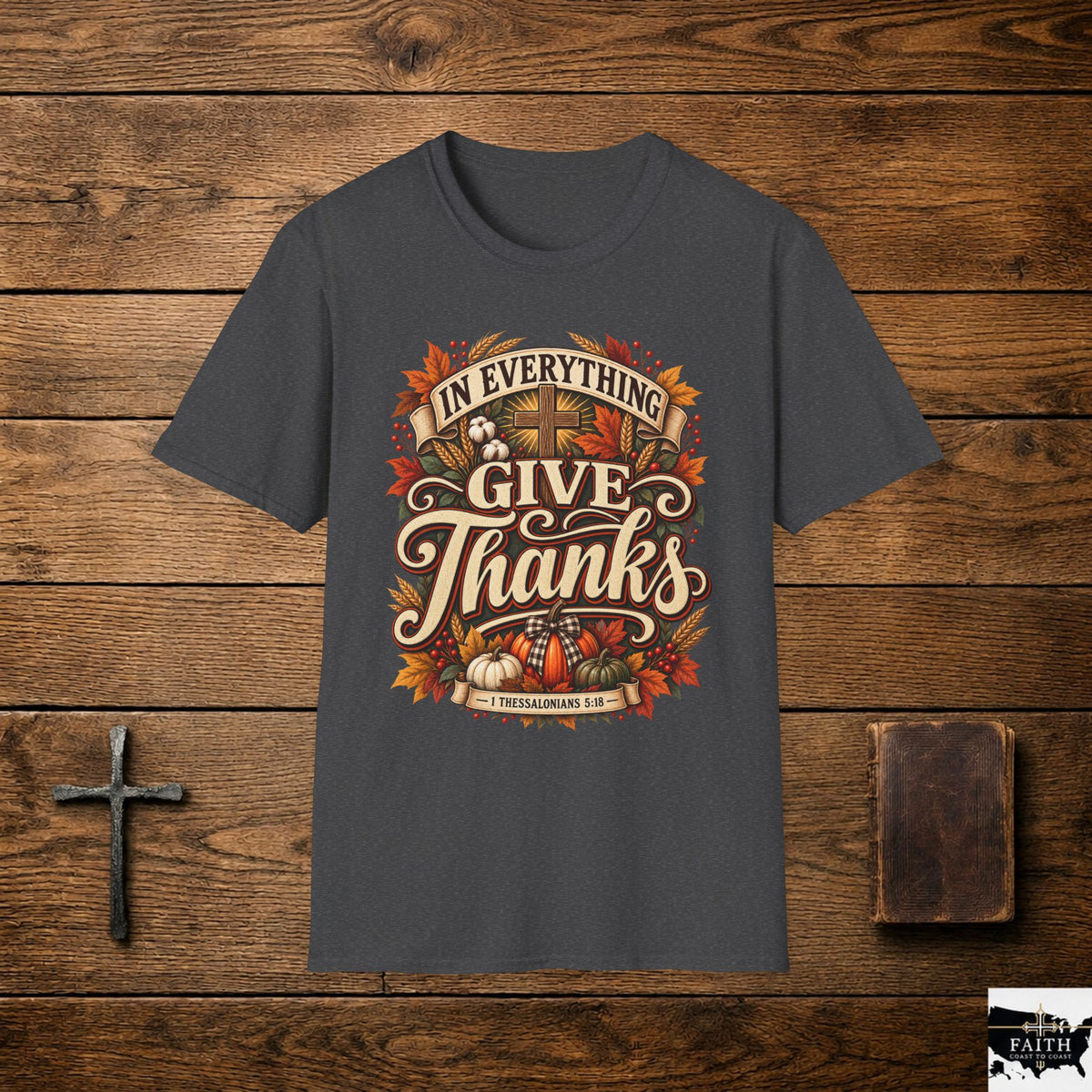 Give Thanks design T-Shirt | Fall Thanksgiving pumpkin cross harvest