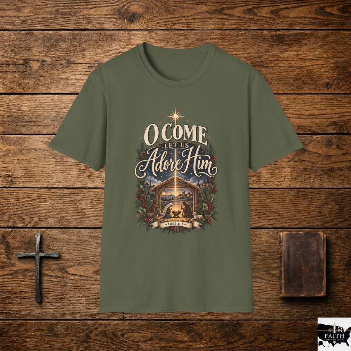 O Come Let Us Adore Him Nativity T-Shirt | Christmas Christian Tee