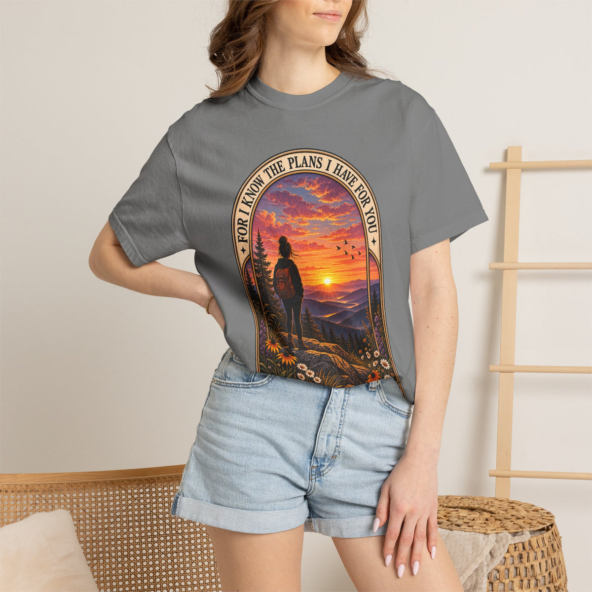 Sunset Hiker T‑Shirt — "For I Know the Plans I Have for You" Inspirational Graphic Tee