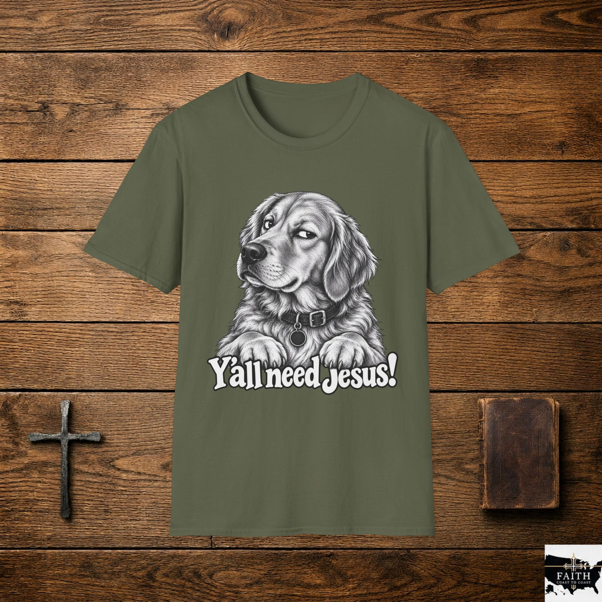 Golden Retriever Illustration T-Shirt | "Y'all need Jesus!" Faith Dog Tee
